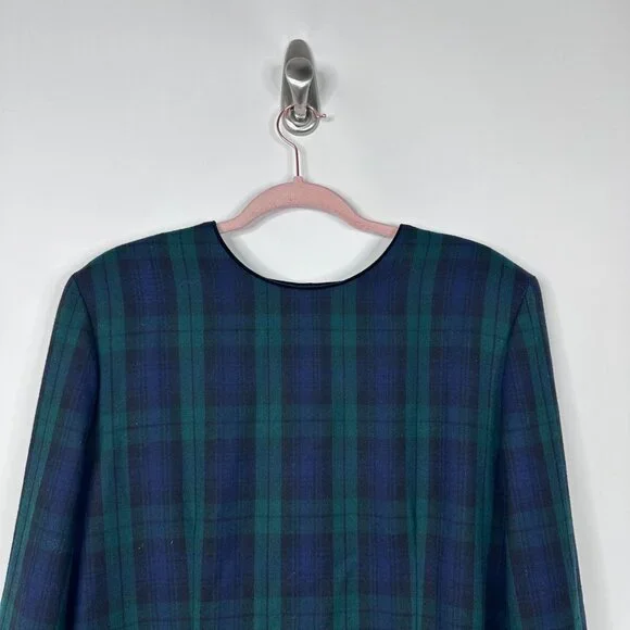 Vintage Brooks Brothers Flannel Plaid Shift Midi Dress Frock Green Blue Wool 14 - Picture 4 of 14